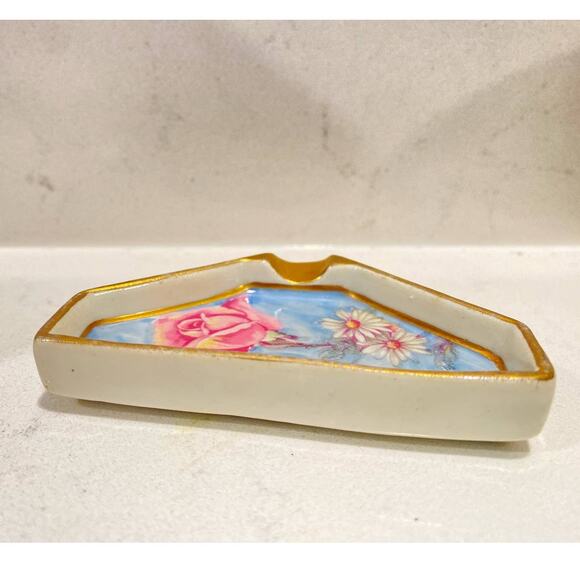 Vtg Limoges Made in France Small Ashtray/Trinket Rose Hand Painted Golden Detail - Picture 4 of 7